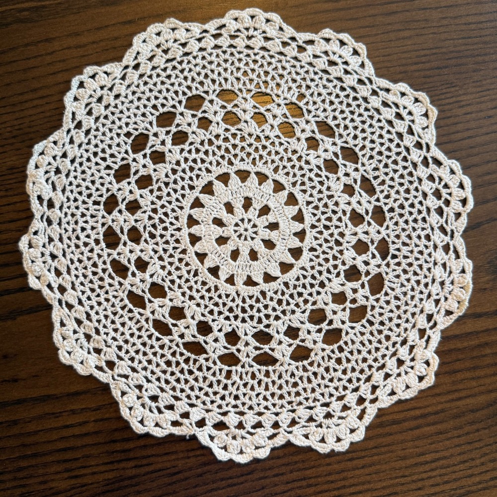 Vintage Crochet Doily 11 Inch Round Off White Cotton Lace Floral Mandala Handmde